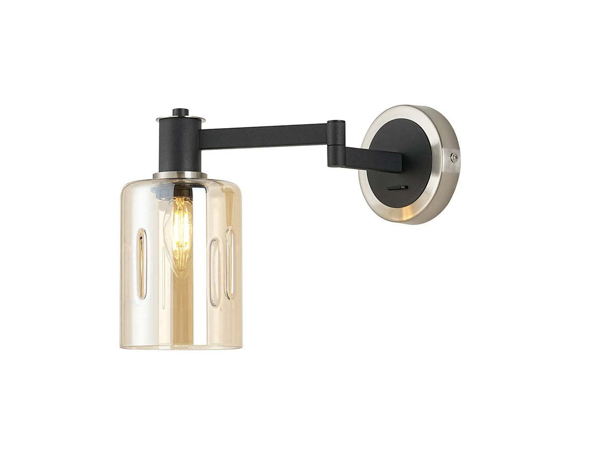 Adamson Adjustable Swing Arm Wall x 1 x E14 Satin Nickel/Satin Black/Amber Uniform Dimple Cylinder Glass