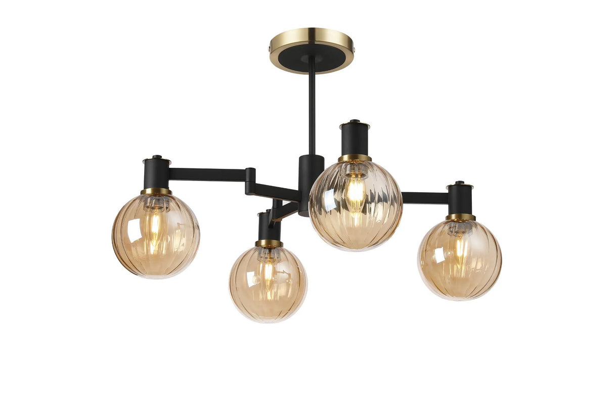 Adamson Swing Arm Semi Ceiling 4 x E14 Brass/Satin Black/Amber Plated Round Segment Glass