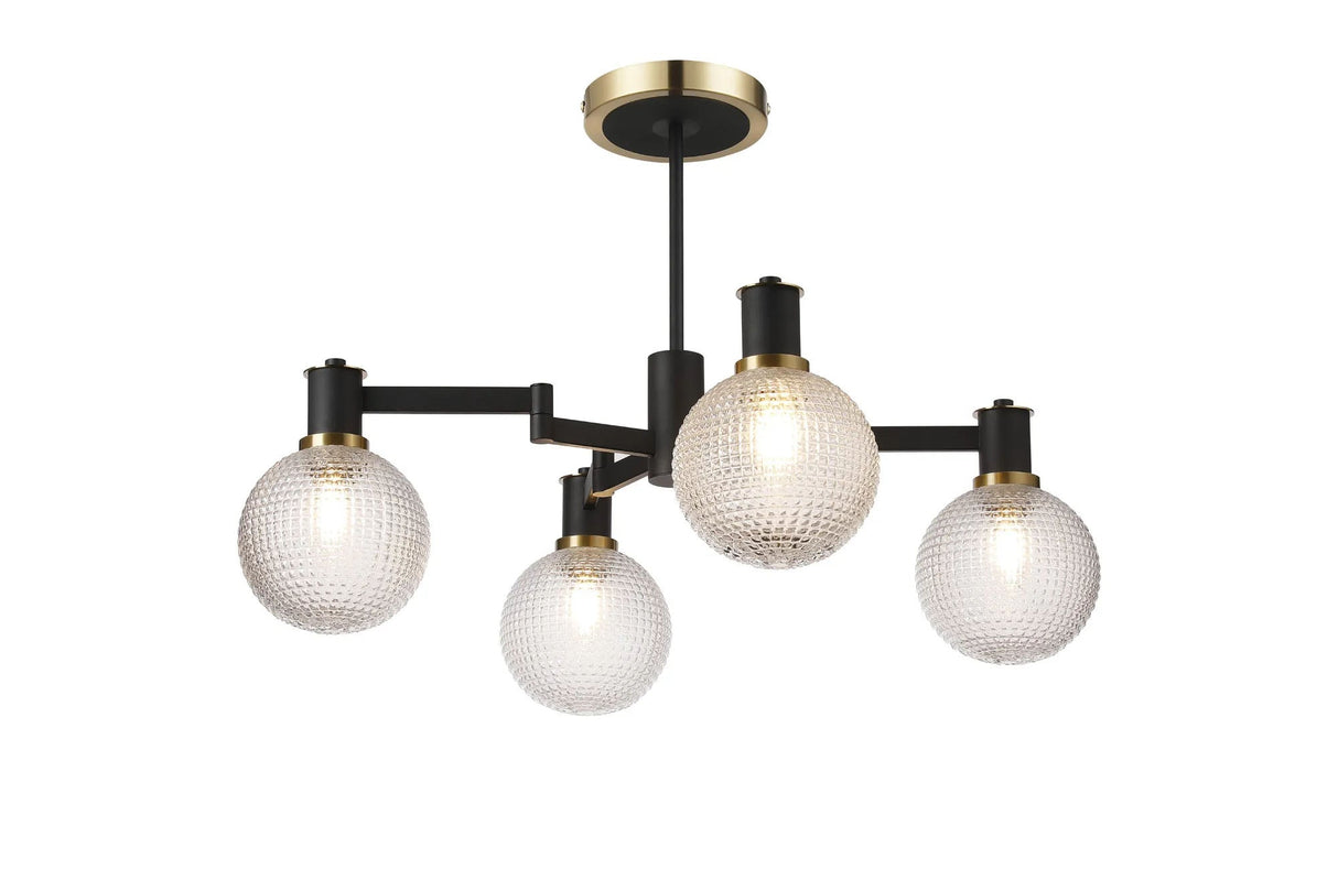 Adamson Swing Arm Semi Ceiling 4 x E14 Brass/Satin Black/Clear Round Textured Diamond Pattern Glass