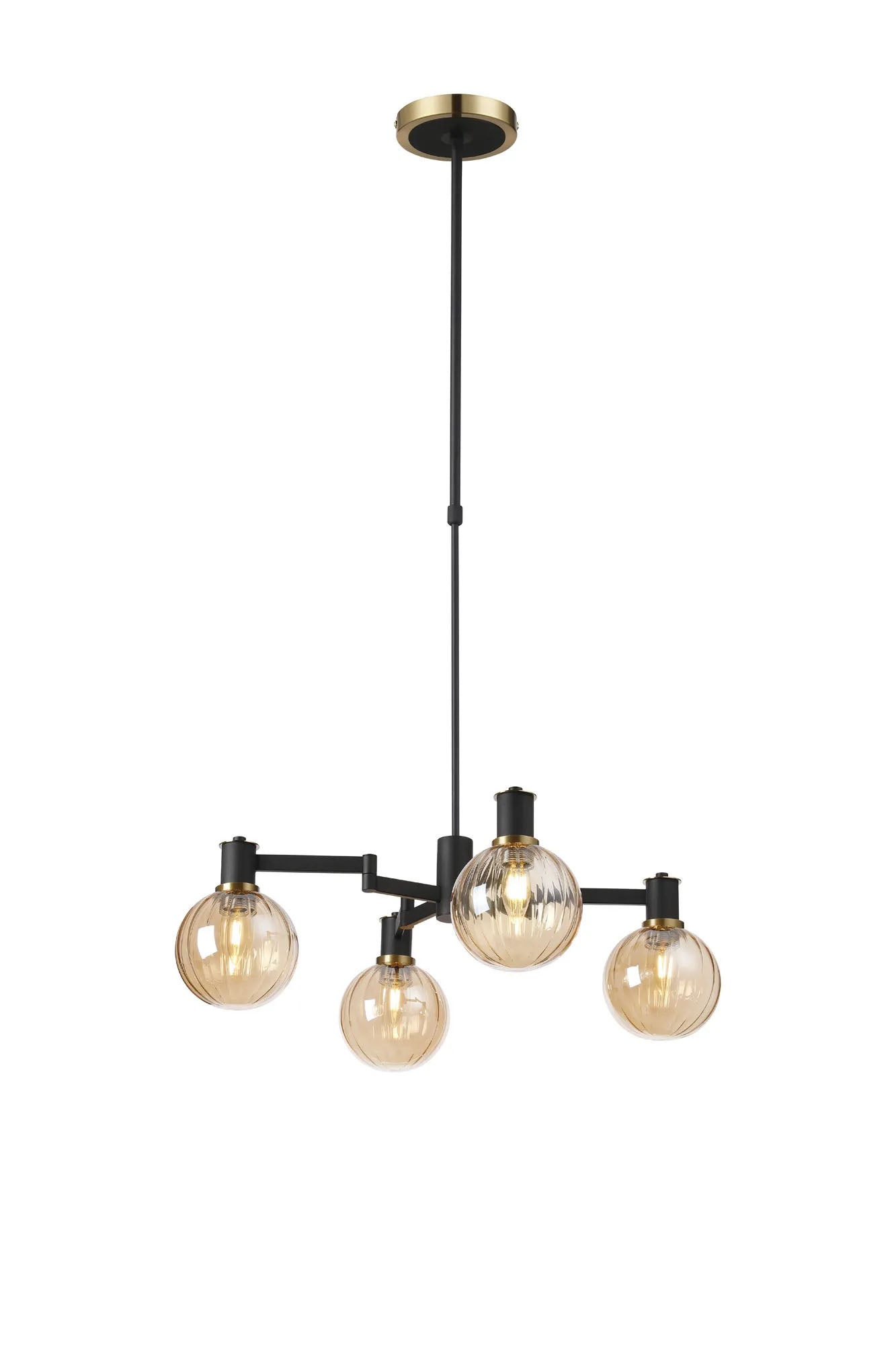 Adamson Swing Arm Telescopic Pendant 4 x E14 Brass/Satin Black/Amber Plated Round Segment Glass
