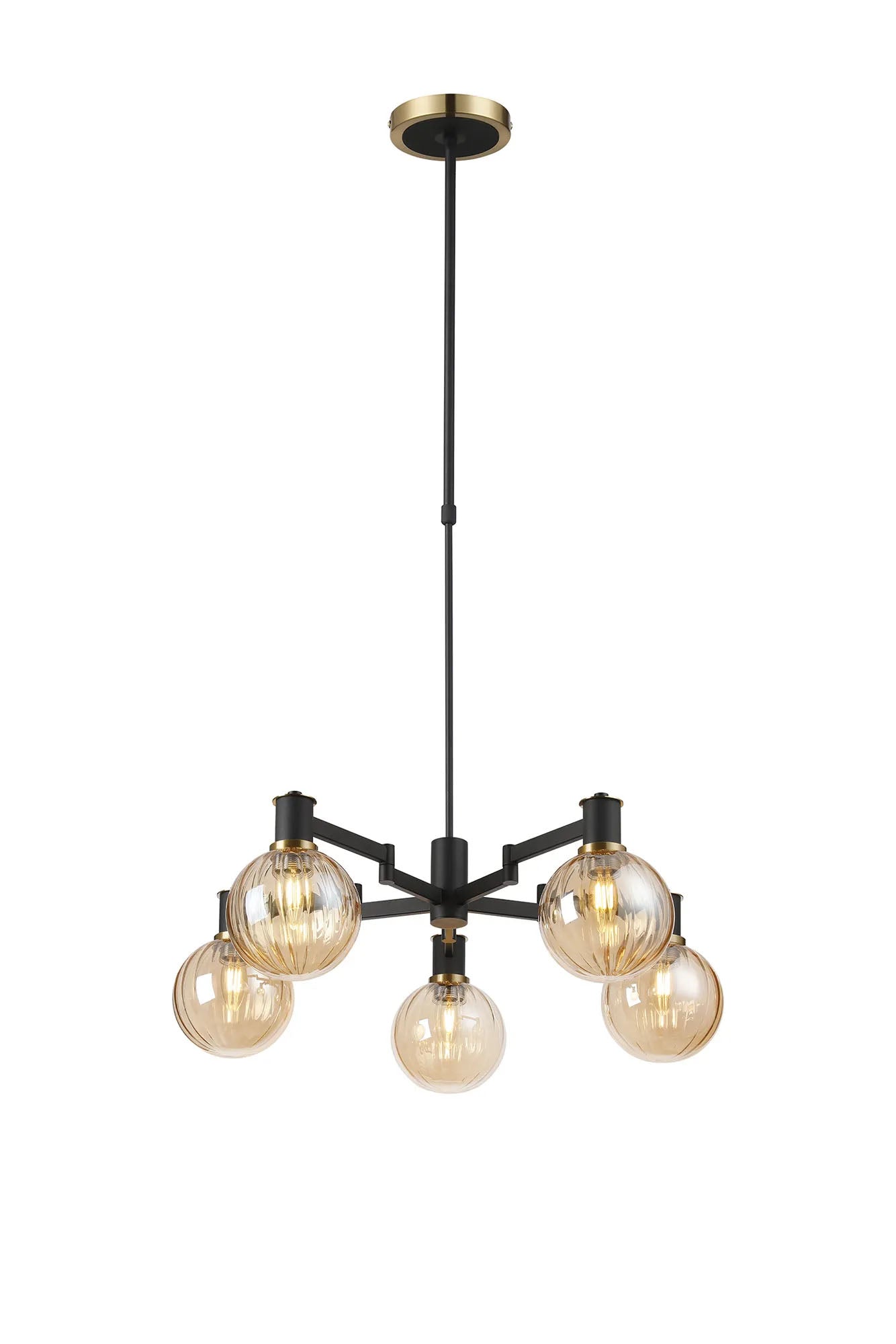 Adamson Swing Arm Telescopic Pendant 5 x E14 Brass/Satin Black/Amber Plated Round Segment Glass