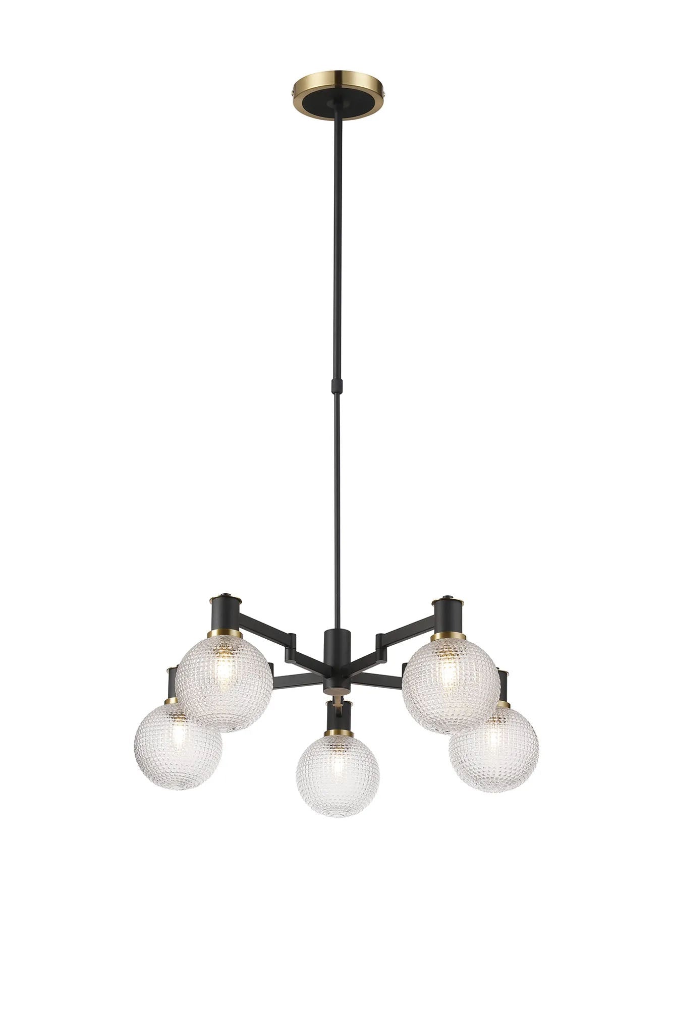 Adamson Swing Arm Telescopic Pendant 5 x E14 Brass/Satin Black/Clear Round Textured Diamond Pattern Glass