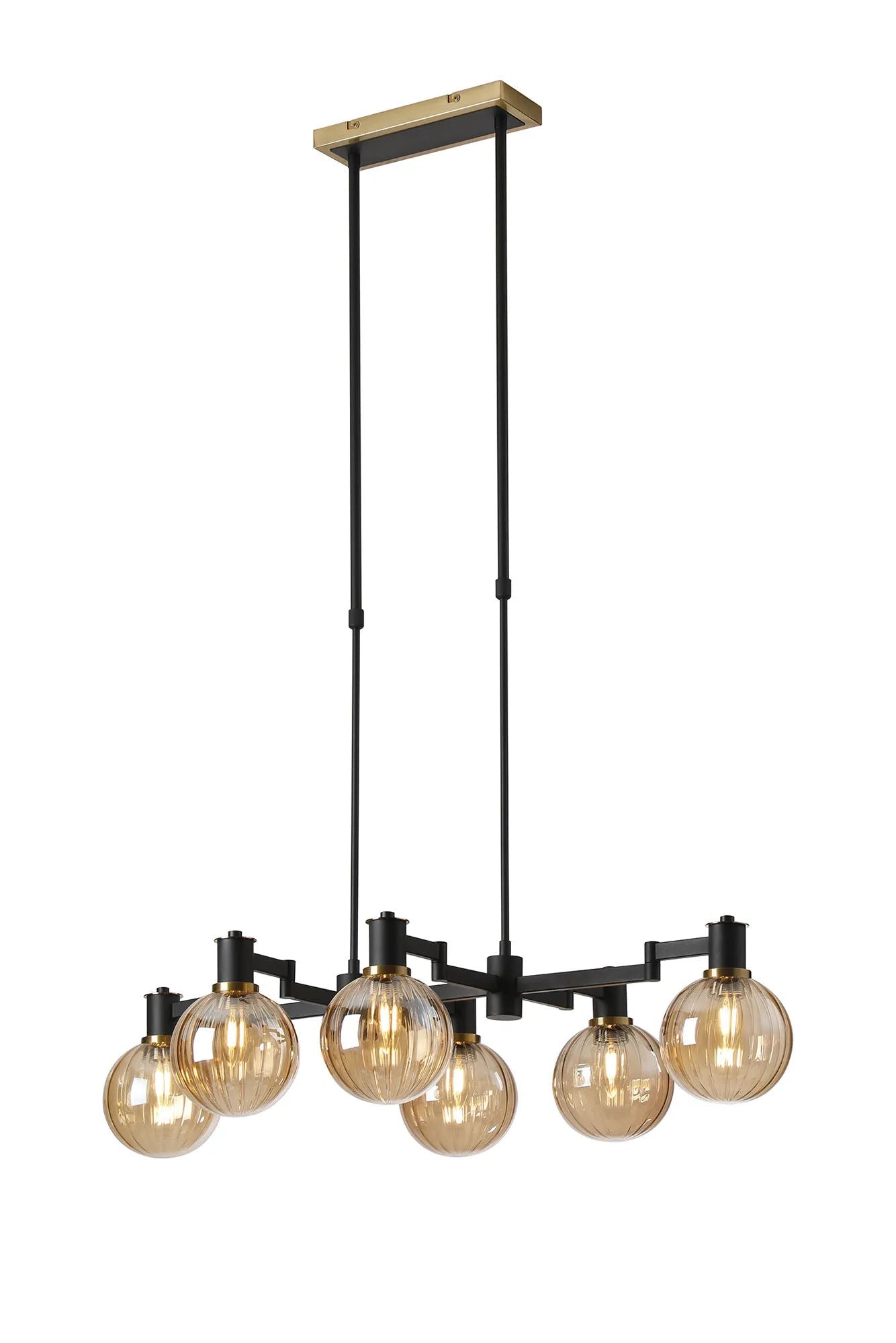 Adamson Swing Arm Telescopic Linear Pendant 6 x E14 Brass/Satin Black/Amber Plated Round Segment Glass