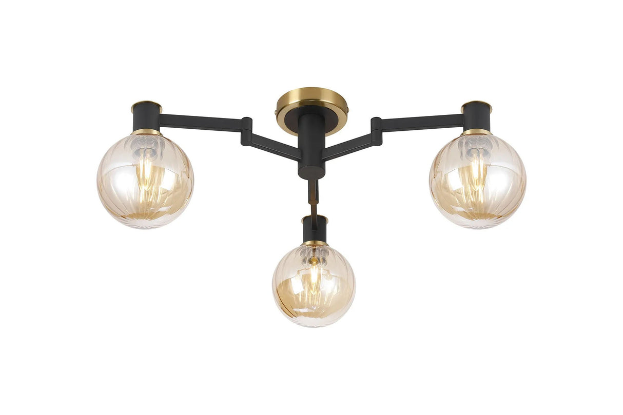 Adamson Swing Arm Flush Ceiling 3 x E14 Brass/Satin Black/Amber Plated Round Segment Glass