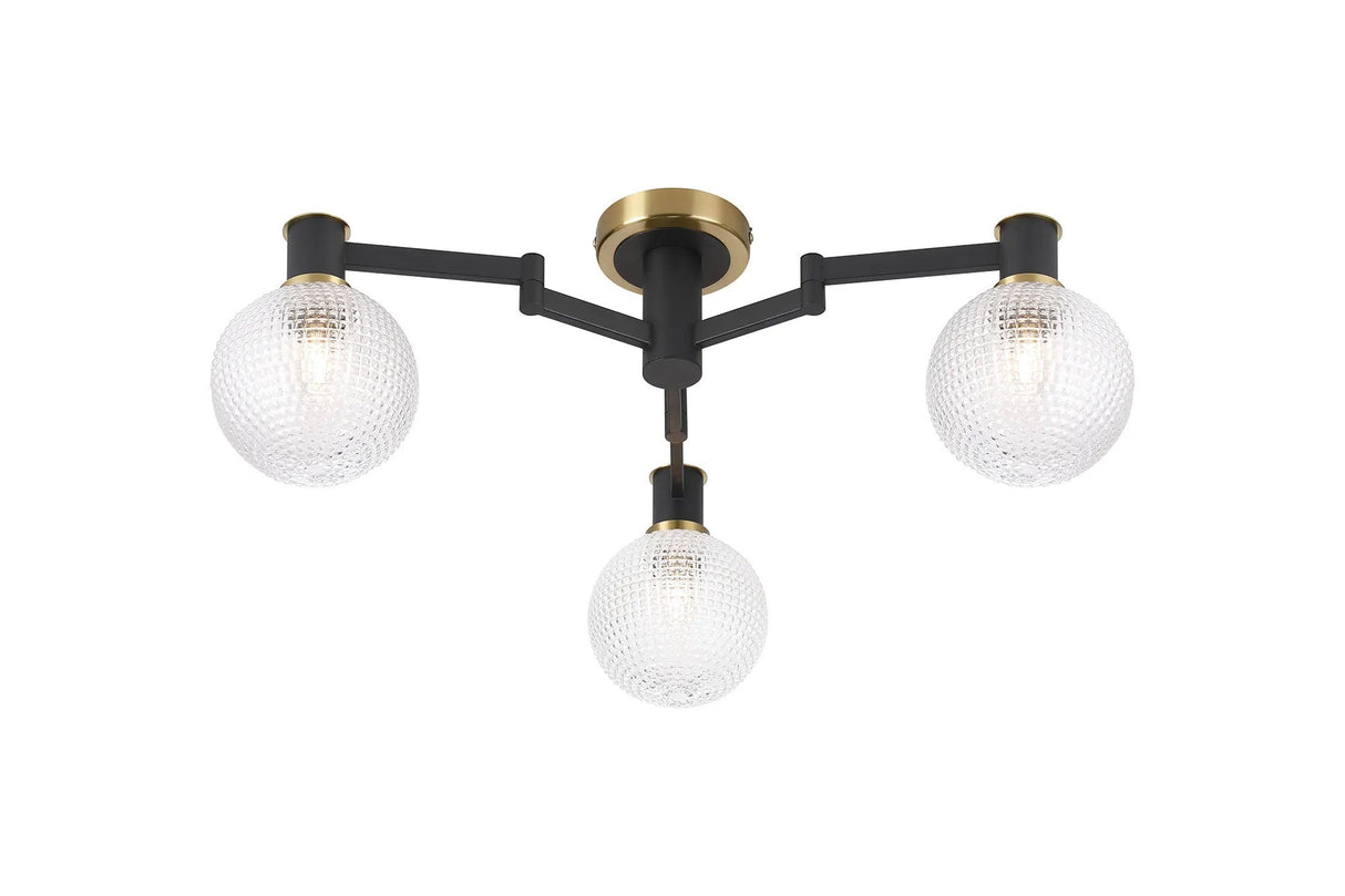 Adamson Swing Arm Flush Ceiling 3 x E14 Brass/Satin Black/Clear Round Textured Diamond Pattern Glass