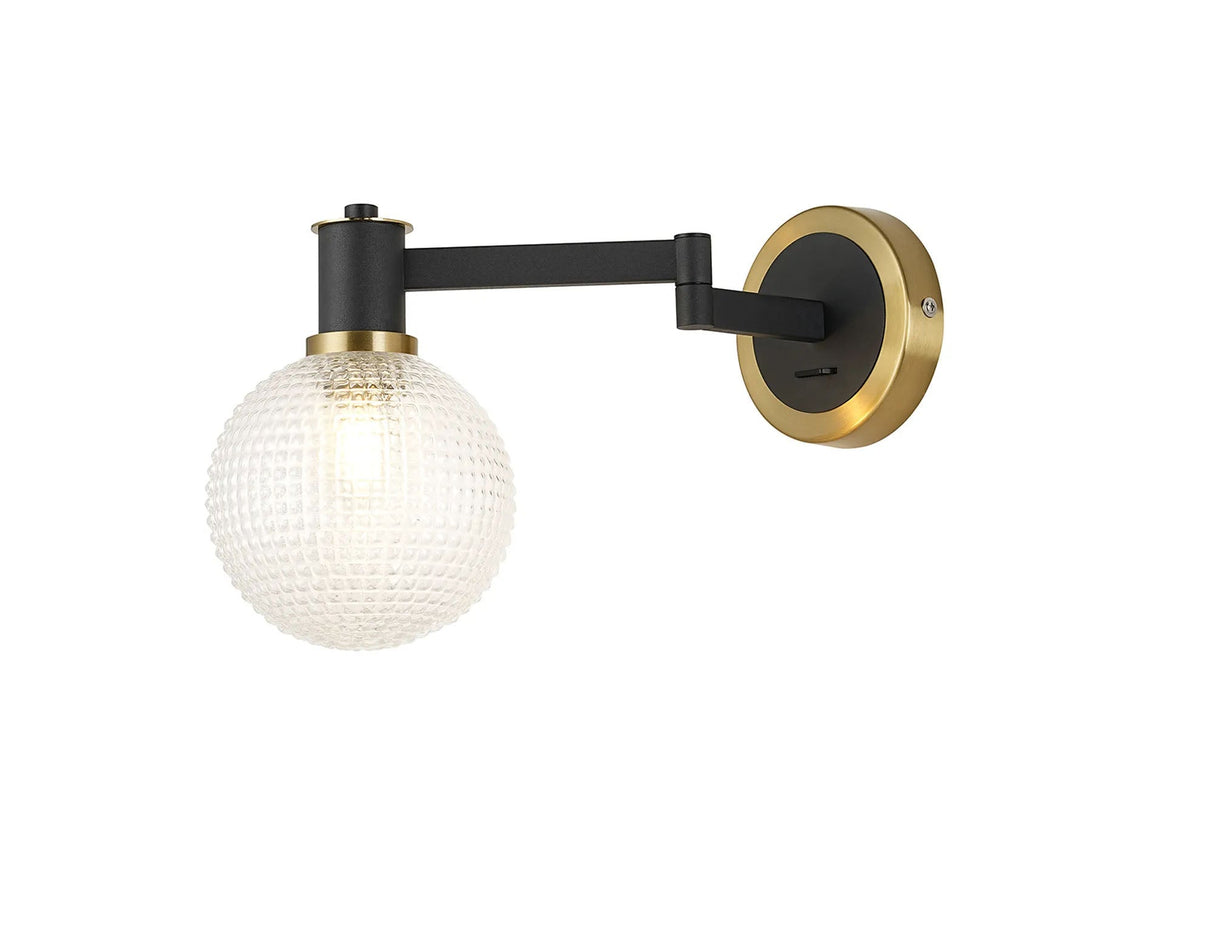 Adamson Adjustable Swing Arm Wall x 1 x E14 Brass/Satin Black/Clear Round Textured Diamond Pattern Glass