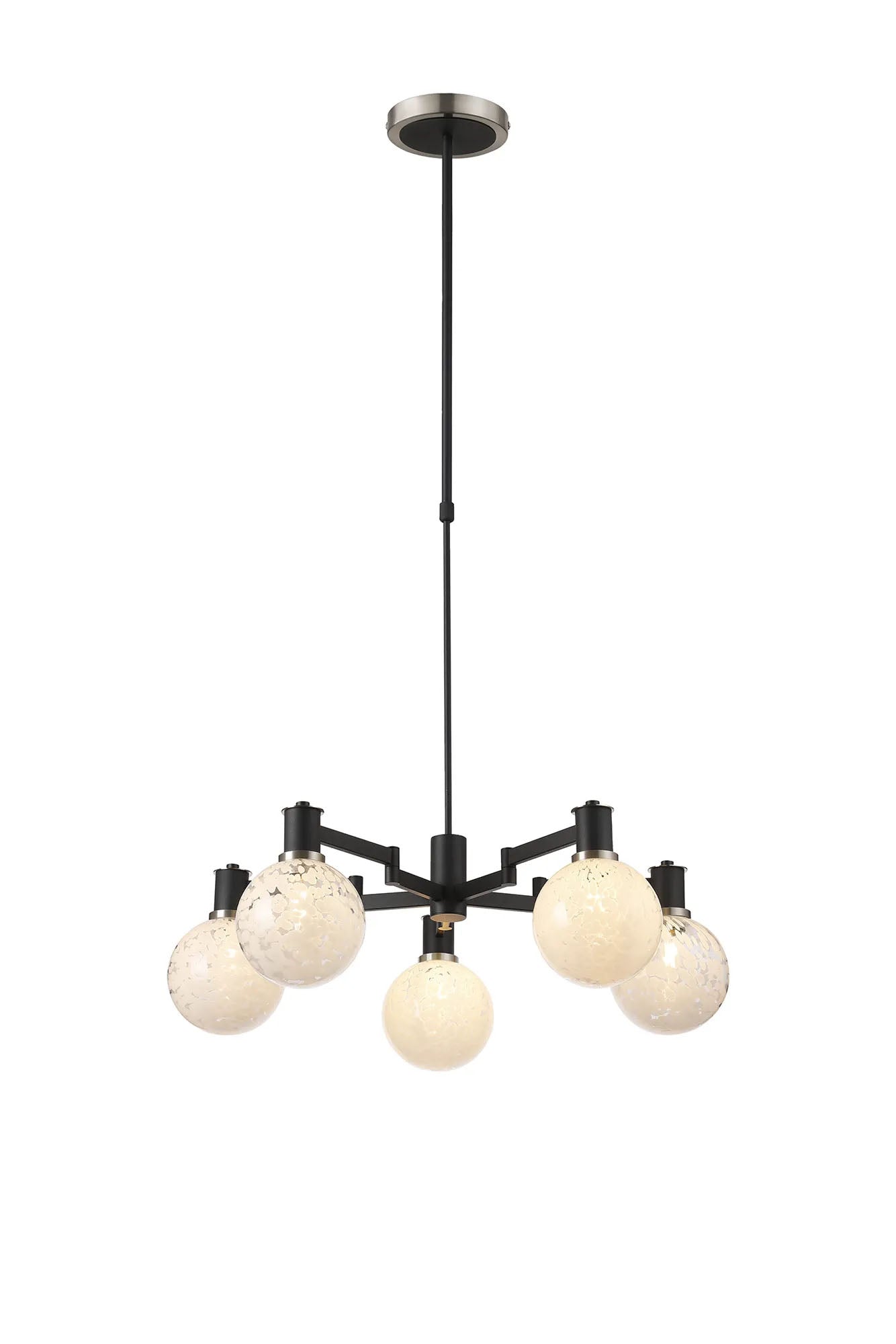 Adamson Swing Arm Telescopic Pendant 5 x E14 Satin Nickel/Satin Black/White Round Speckled Glass