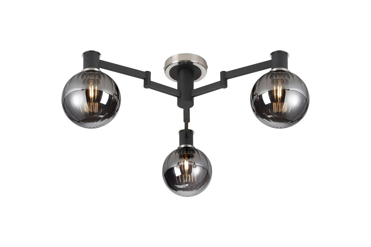 Adamson Swing Arm Flush Ceiling 3 x E14 Satin Nickel/Satin Black/Smoke Plated Round Segment Glass