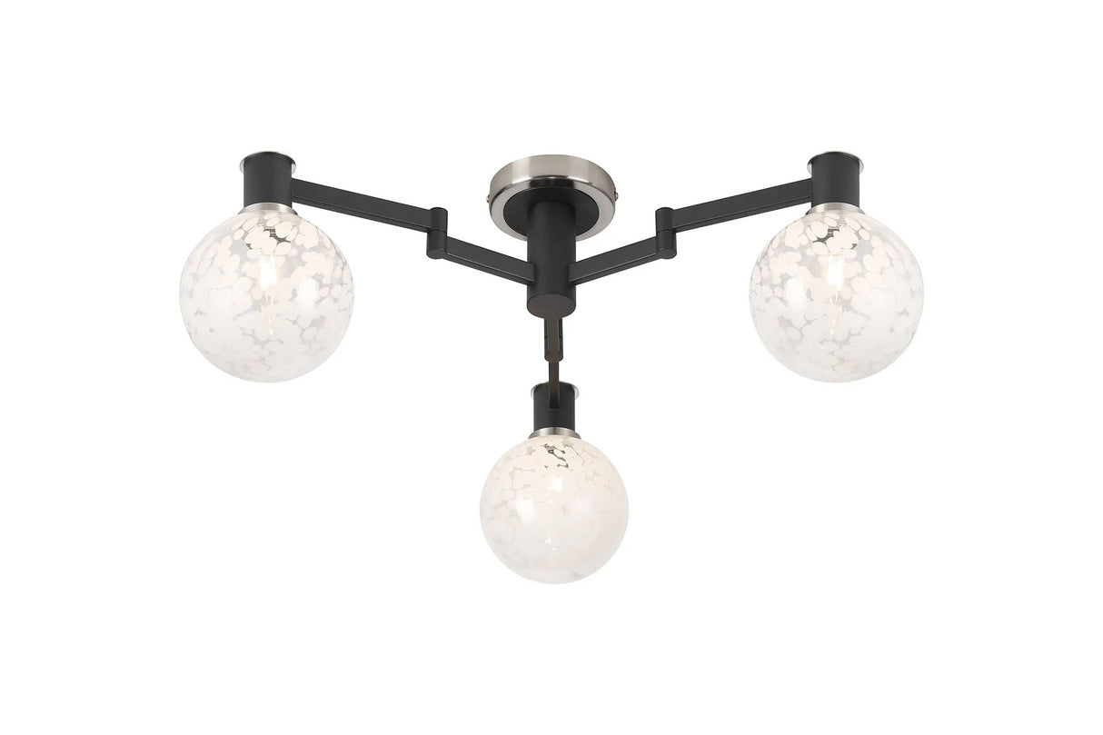 Adamson Swing Arm Flush Ceiling 3 x E14 Satin Nickel/Satin Black/White Round Speckled Glass