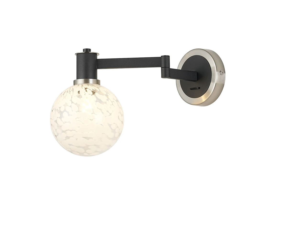 Adamson Adjustable Swing Arm Wall x 1 x E14 Satin Nickel/Satin Black/White Round Speckled Glass