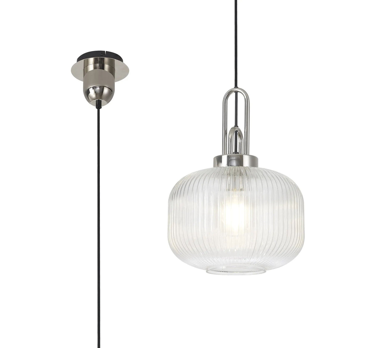 Allardyce 1 Light Pendant E27 With 30cm Pumpkin Shaped Ribbed Glass, Clear Polished Nickel/Matt Black