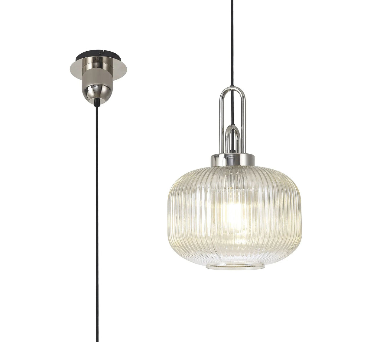 Allardyce 1 Light Pendant E27 With 30cm Pumpkin Shaped Ribbed Glass, Champagne Polished Nickel/Matt Black
