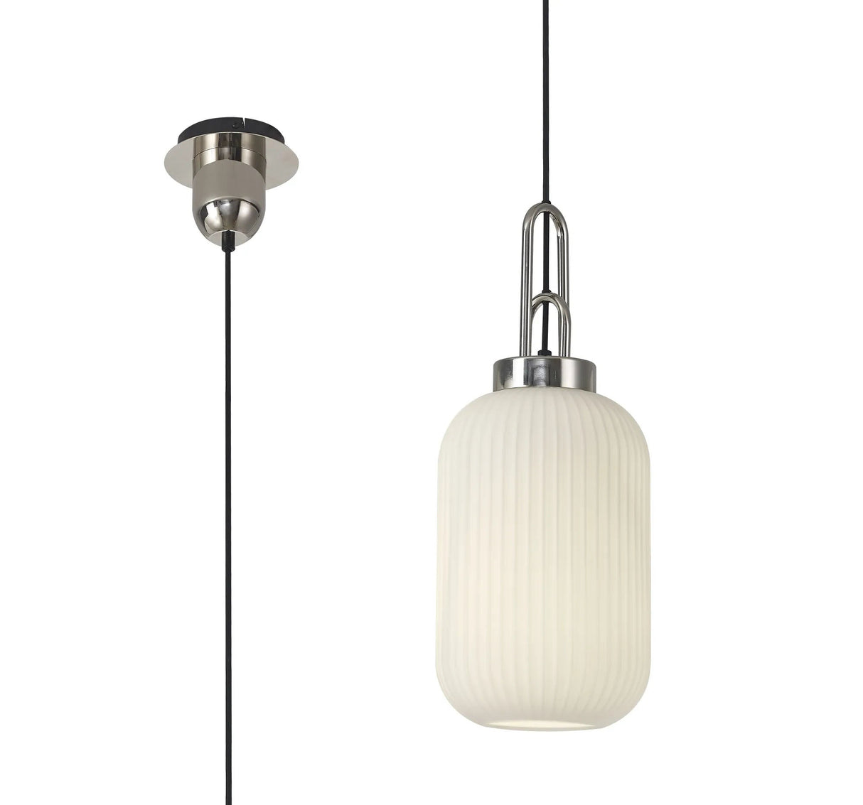 Allardyce 1 Light Pendant E27 With 20cm Tubular Ribbed Glass, Opal Polished Nickel/Matt Black