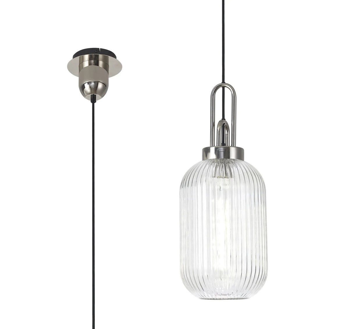 Allardyce 1 Light Pendant E27 With 20cm Tubular Ribbed Glass, Clear Polished Nickel/Matt Black