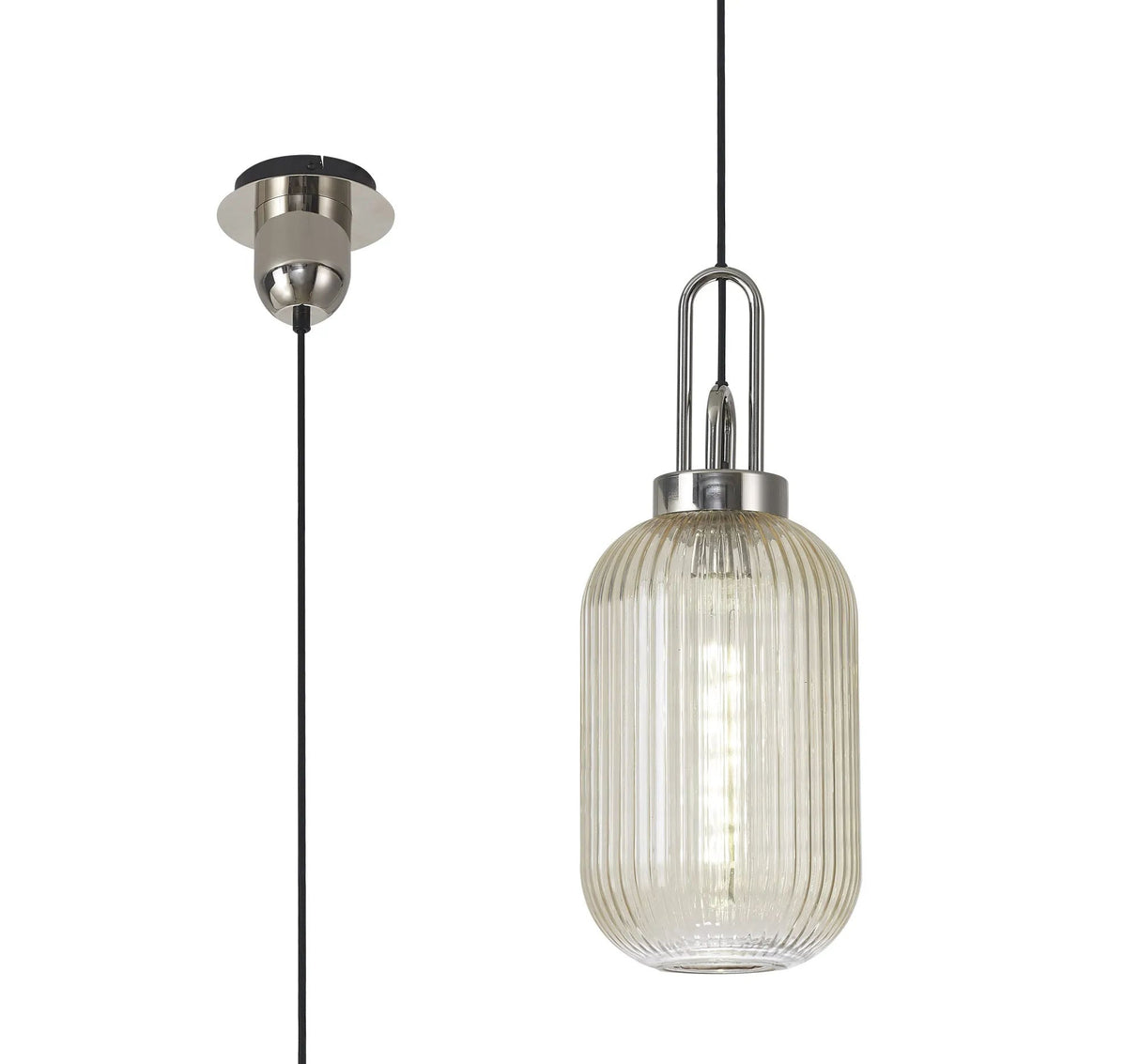 Allardyce 1 Light Pendant E27 With 20cm Tubular Ribbed Glass, Champagne Polished Nickel/Matt Black
