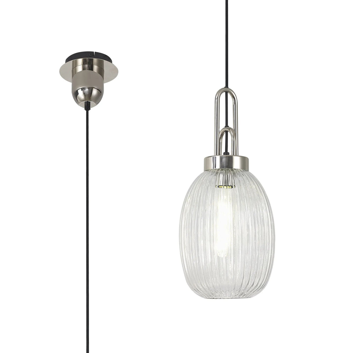 Allardyce 1 Light Pendant E27 With 20cm Almond Ribbed Glass, Clear Polished Nickel/Matt Black