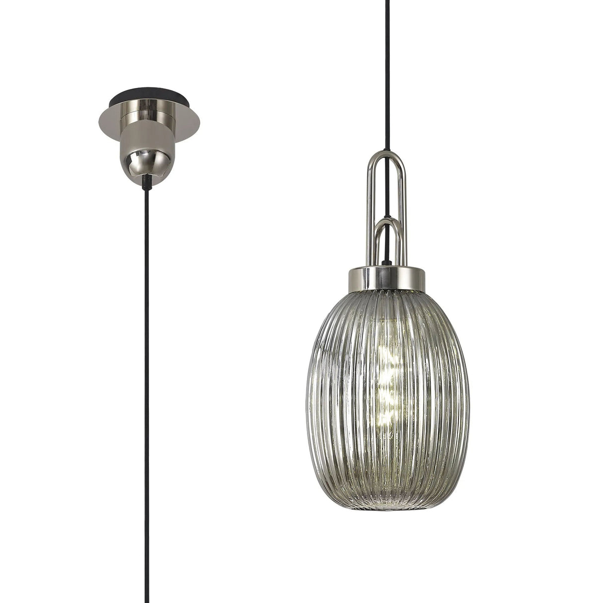 Allardyce 1 Light Pendant E27 With 20cm Almond Ribbed Glass, Smoked Polished Nickel/Matt Black
