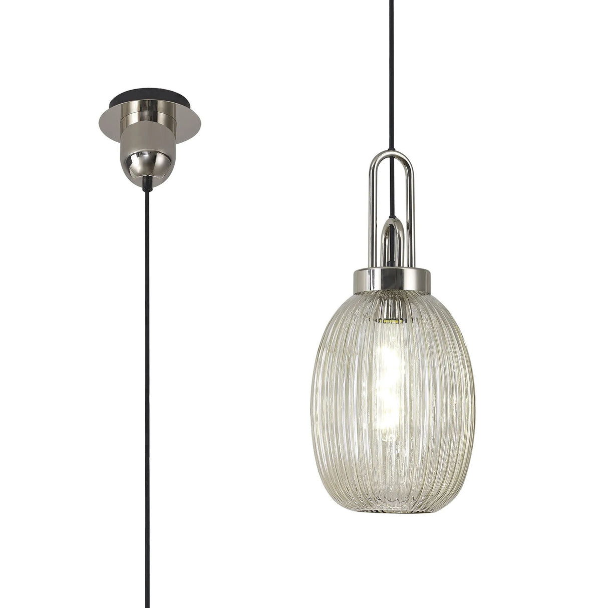 Allardyce 1 Light Pendant E27 With 20cm Almond Ribbed Glass, Champagne Polished Nickel/Matt Black