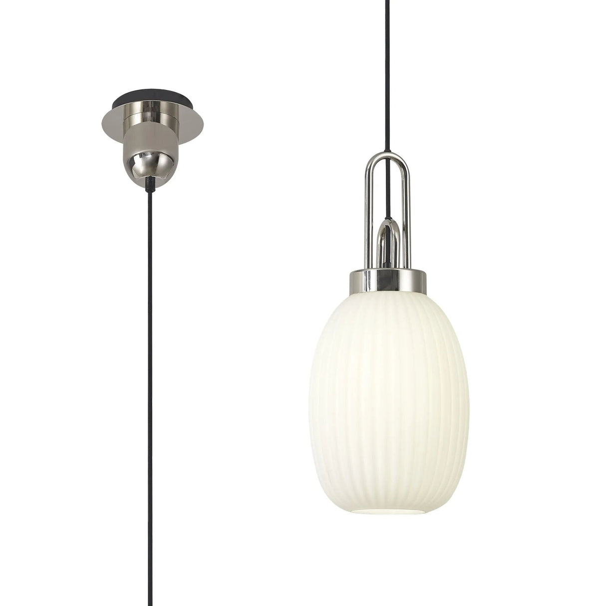 Allardyce 1 Light Pendant E27 With 20cm Almond Ribbed Glass, Opal Polished Nickel/Matt Black