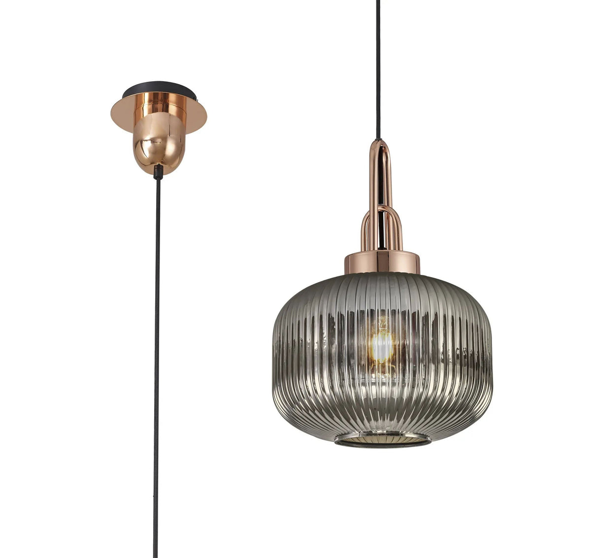 Allardyce 1 Light Pendant E27 With 30cm Pumpkin Shaped Ribbed Glass, Smoked Copper/Matt Black