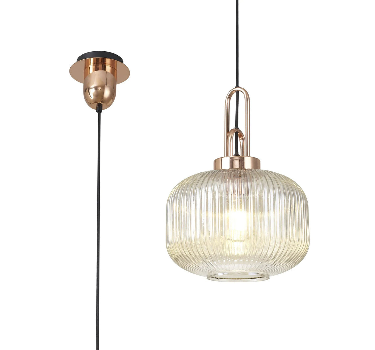 Allardyce 1 Light Pendant E27 With 30cm Pumpkin Shaped Ribbed Glass, Champagne Copper/Matt Black