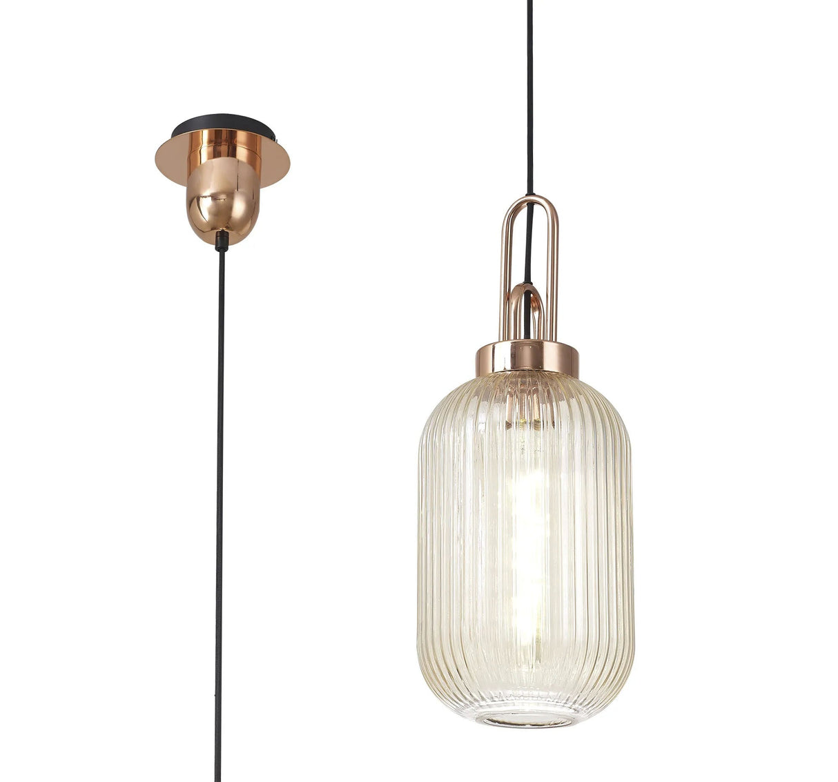 Allardyce 1 Light Pendant E27 With 20cm Tubular Ribbed Glass, Champagne Copper/Matt Black