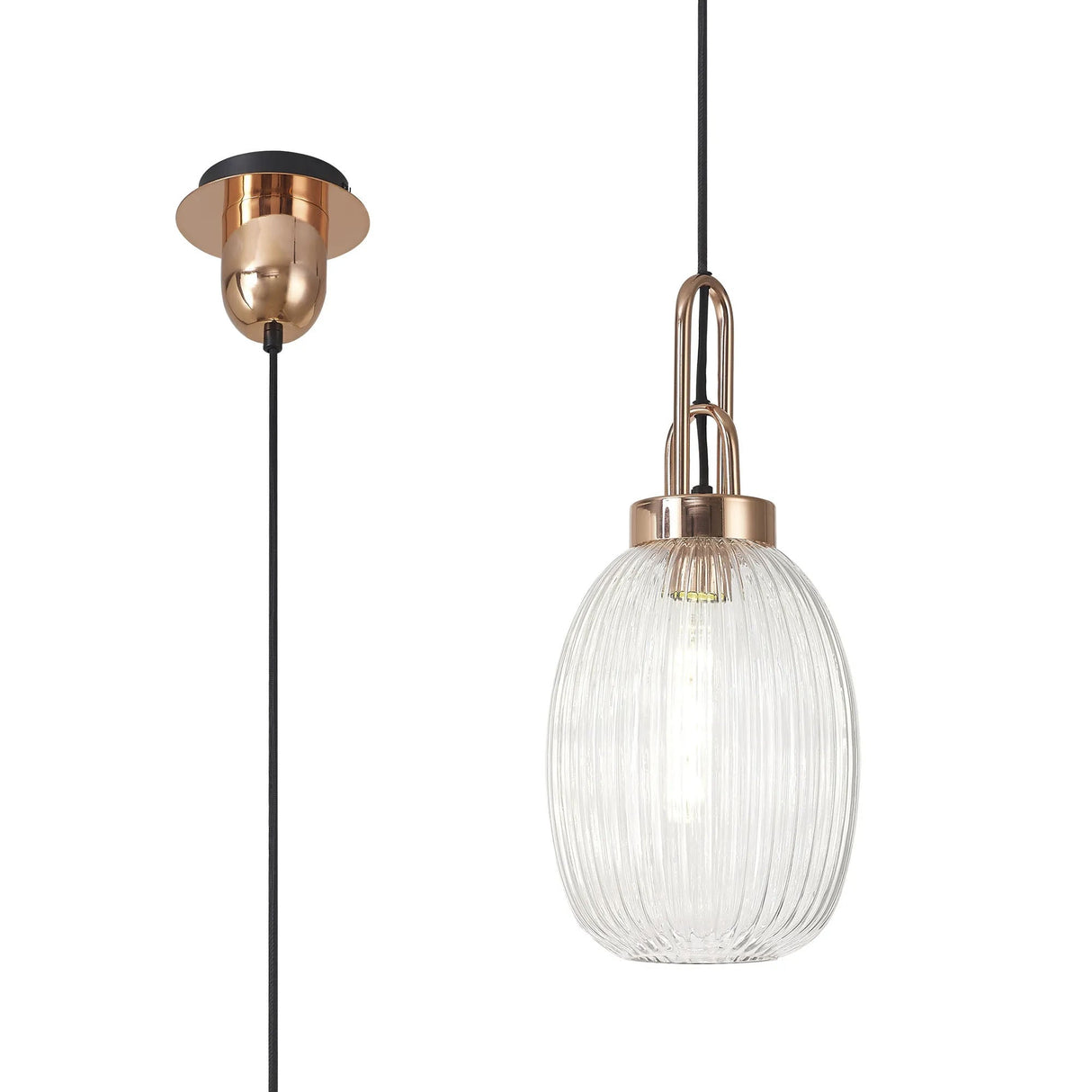 Allardyce 1 Light Pendant E27 With 20cm Almond Ribbed Glass, Clear Copper/Matt Black