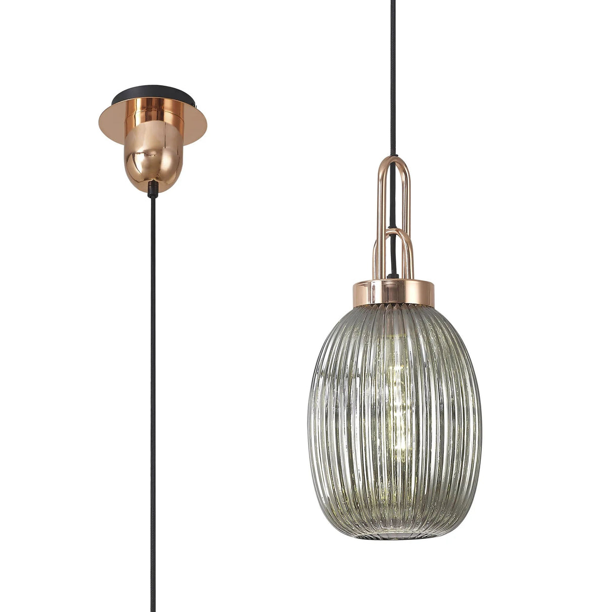 Allardyce 1 Light Pendant E27 With 20cm Almond Ribbed Glass, Smoked Copper/Matt Black