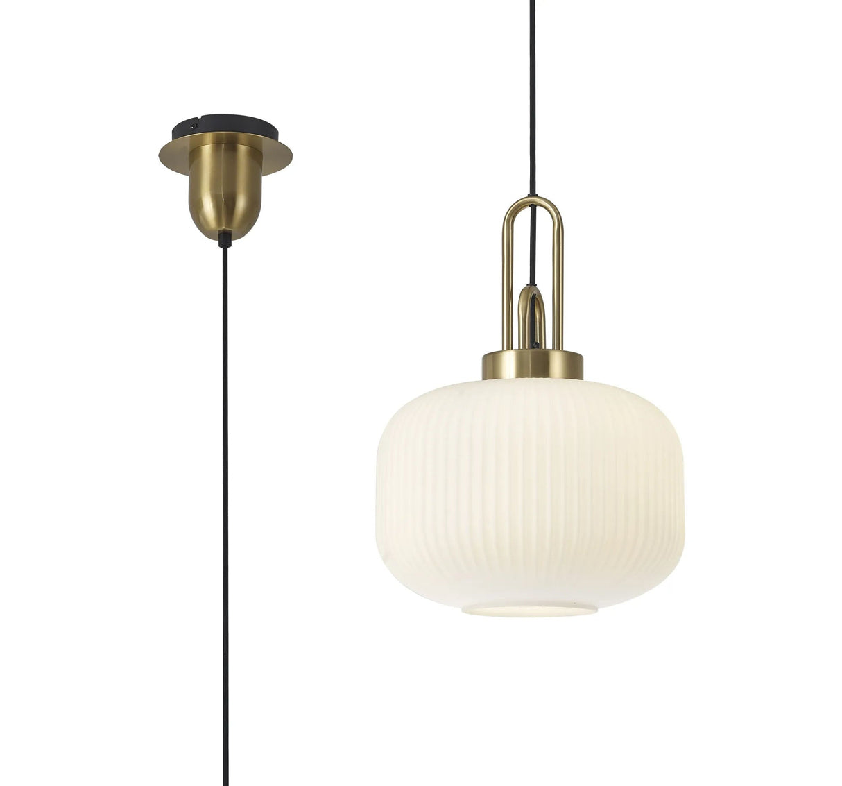Allardyce 1 Light Pendant E27 With 30cm Pumpkin Shaped Ribbed Glass, Opal Brass Gold/Matt Black