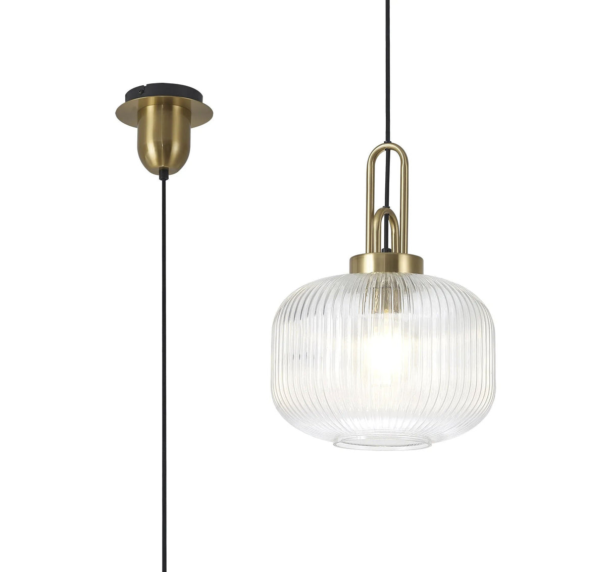 Allardyce 1 Light Pendant E27 With 30cm Pumpkin Shaped Ribbed Glass, Clear Brass Gold/Matt Black