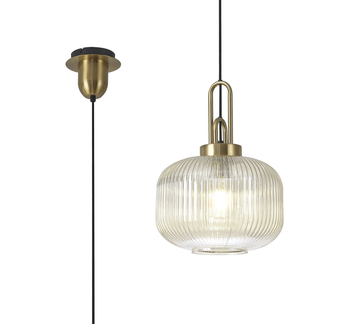 Allardyce 1 Light Pendant E27 With 30cm Pumpkin Shaped Ribbed Glass, Champagne Brass Gold/Matt Black