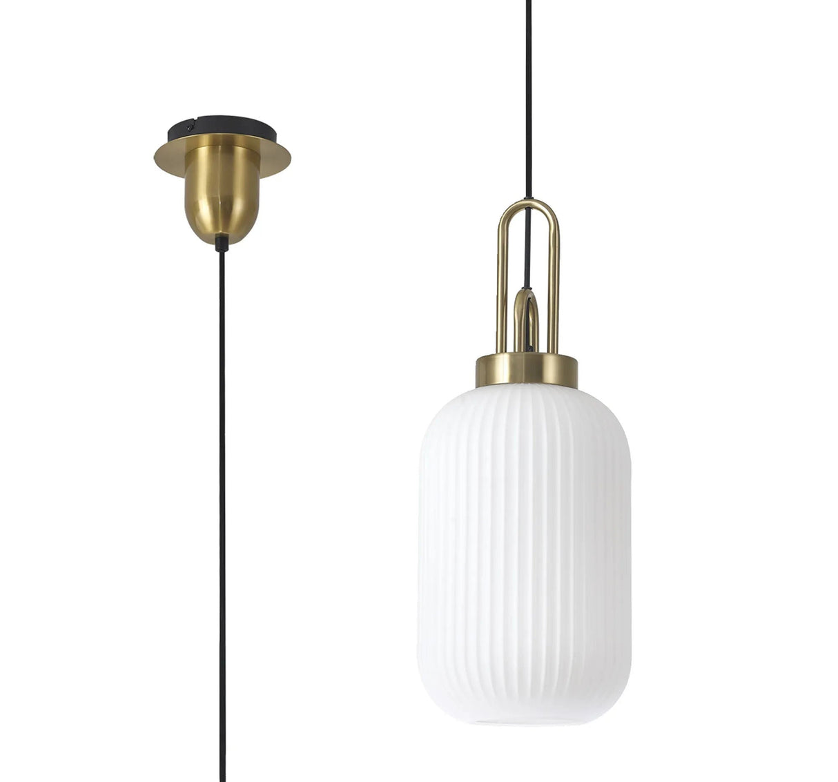 Allardyce 1 Light Pendant E27 With 20cm Tubular Ribbed Glass, Opal Brass Gold/Matt Black