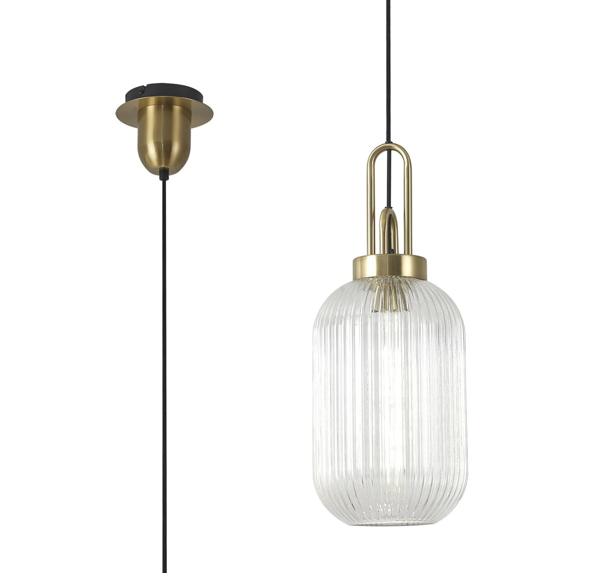 Allardyce 1 Light Pendant E27 With 20cm Tubular Ribbed Glass, Clear Brass Gold/Matt Black