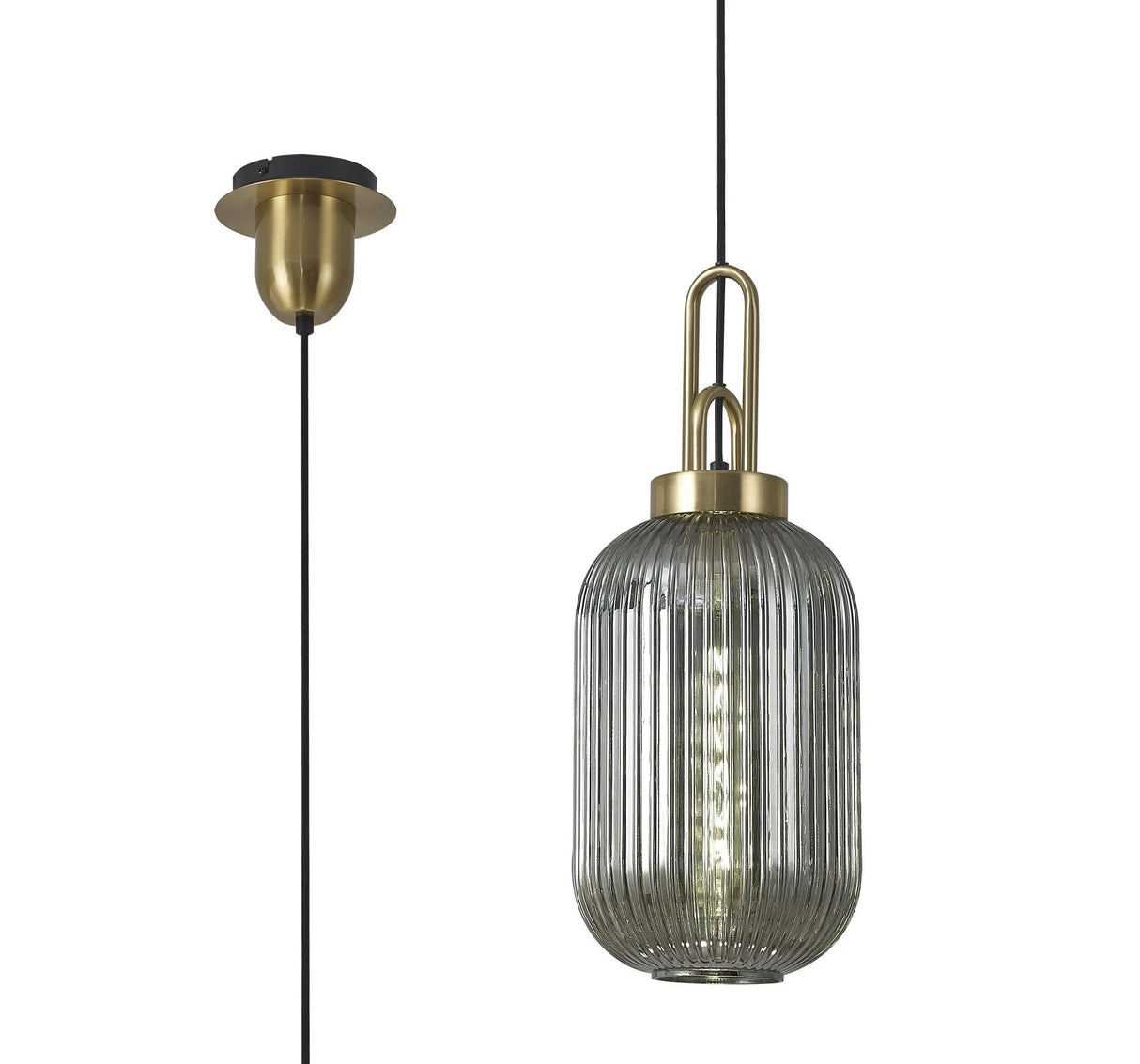 Allardyce 1 Light Pendant E27 With 20cm Tubular Ribbed Glass, Smoked Brass Gold/Matt Black