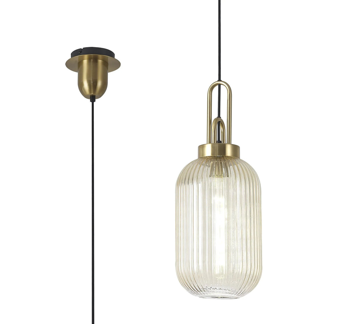 Allardyce 1 Light Pendant E27 With 20cm Tubular Ribbed Glass, Champagne Brass Gold/Matt Black