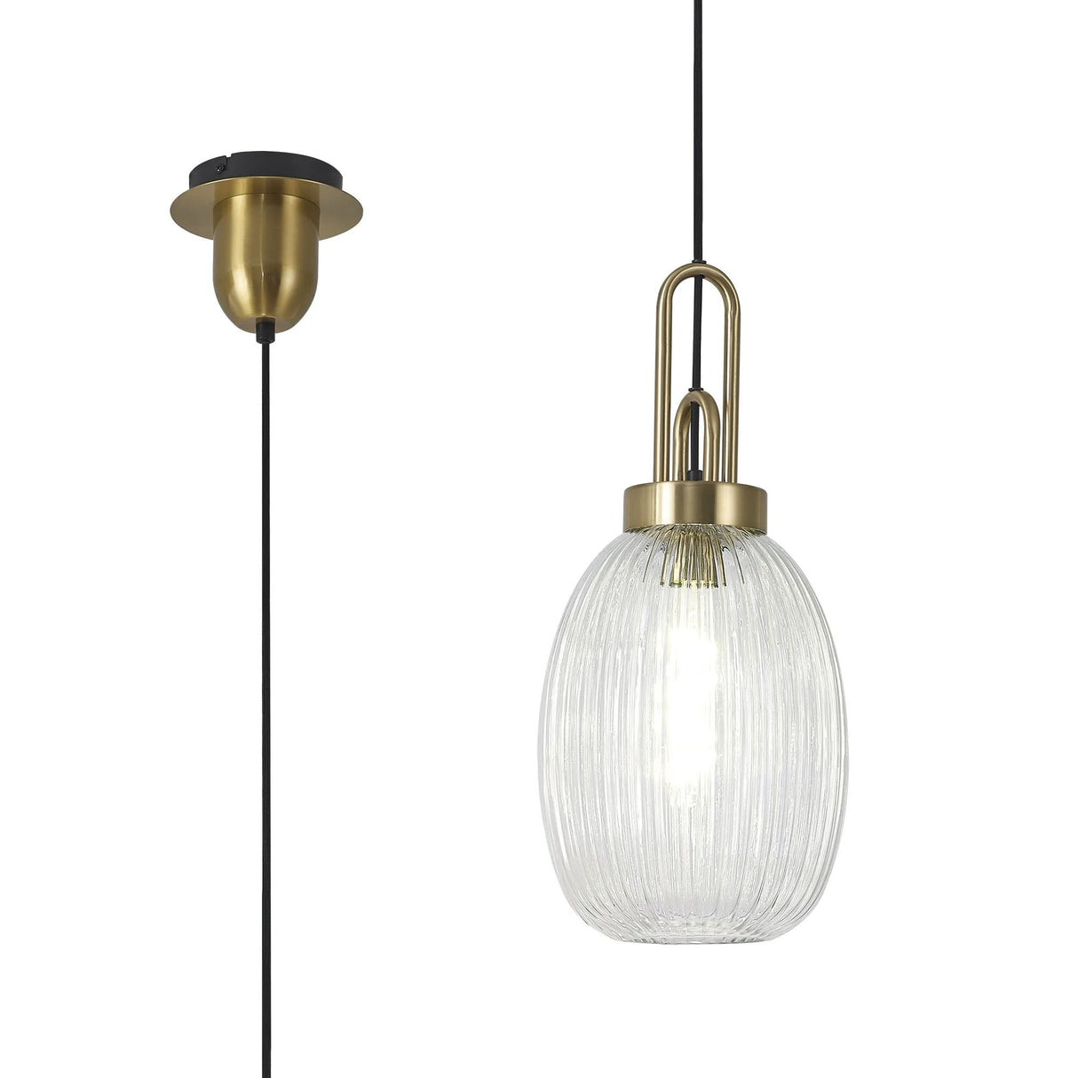 Allardyce 1 Light Pendant E27 With 20cm Almond Ribbed Glass, Clear Brass Gold/Matt Black