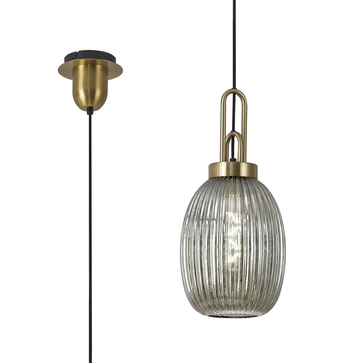 Allardyce 1 Light Pendant E27 With 20cm Almond Ribbed Glass, Smoked Brass Gold/Matt Black