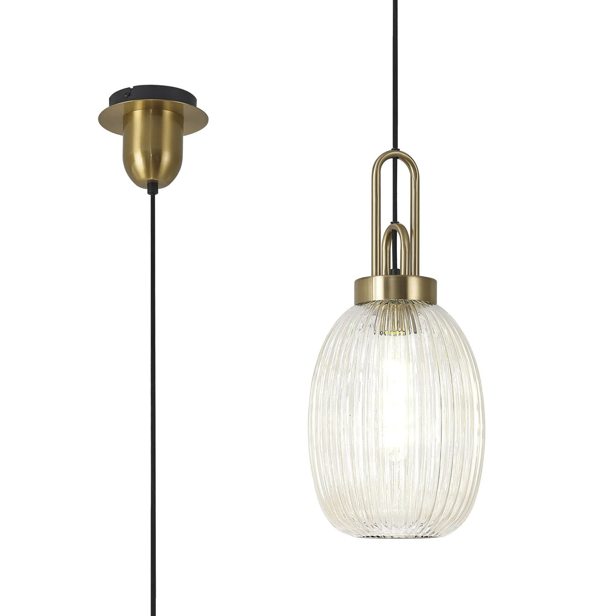 Allardyce 1 Light Pendant E27 With 20cm Almond Ribbed Glass, Champagne Brass Gold/Matt Black