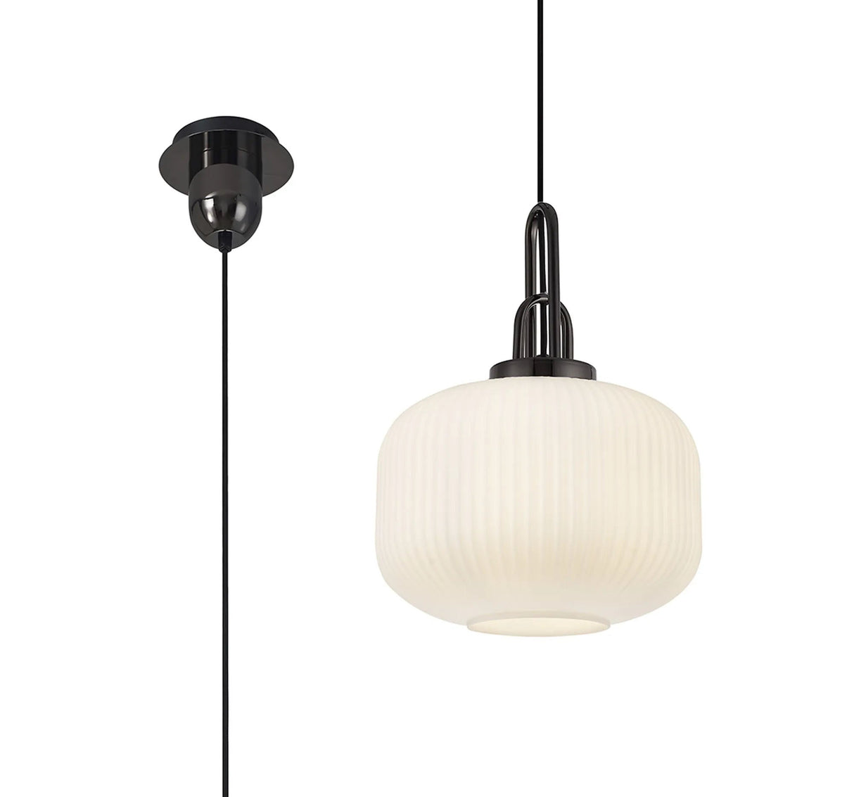 Allardyce 1 Light Pendant E27 With 30cm Pumpkin Shaped Ribbed Glass, Opal Black Chrome/Matt Black