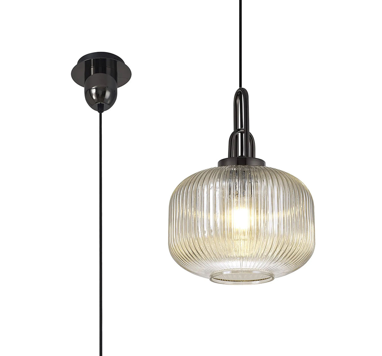 Allardyce 1 Light Pendant E27 With 30cm Pumpkin Shaped Ribbed Glass, Champagne Black Chrome/Matt Black