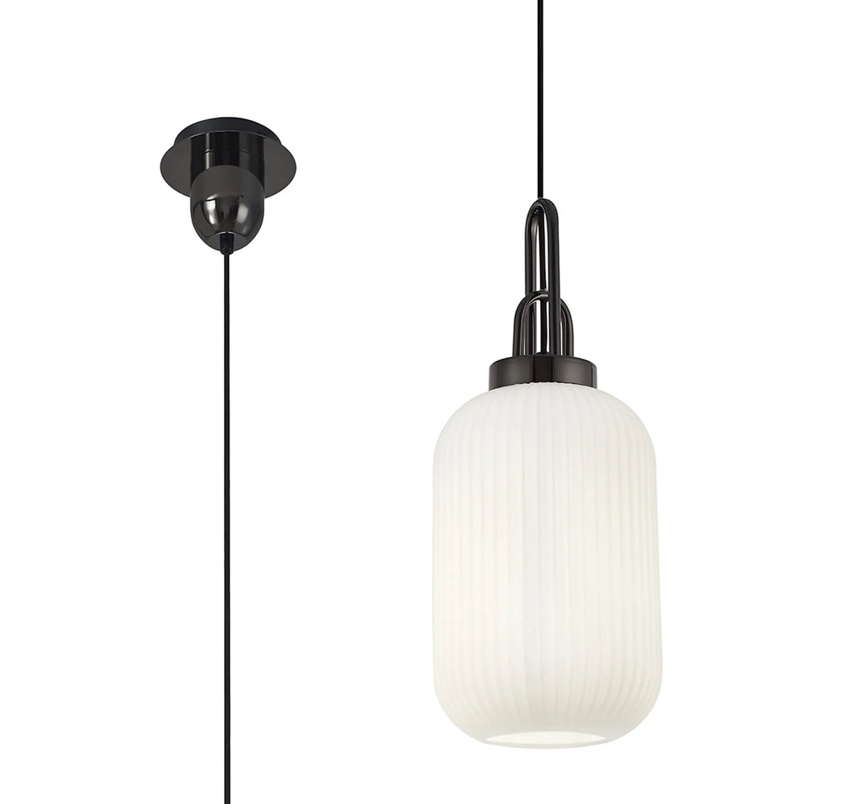 Allardyce 1 Light Pendant E27 With 20cm Tubular Ribbed Glass, Opal Black Chrome/Matt Black