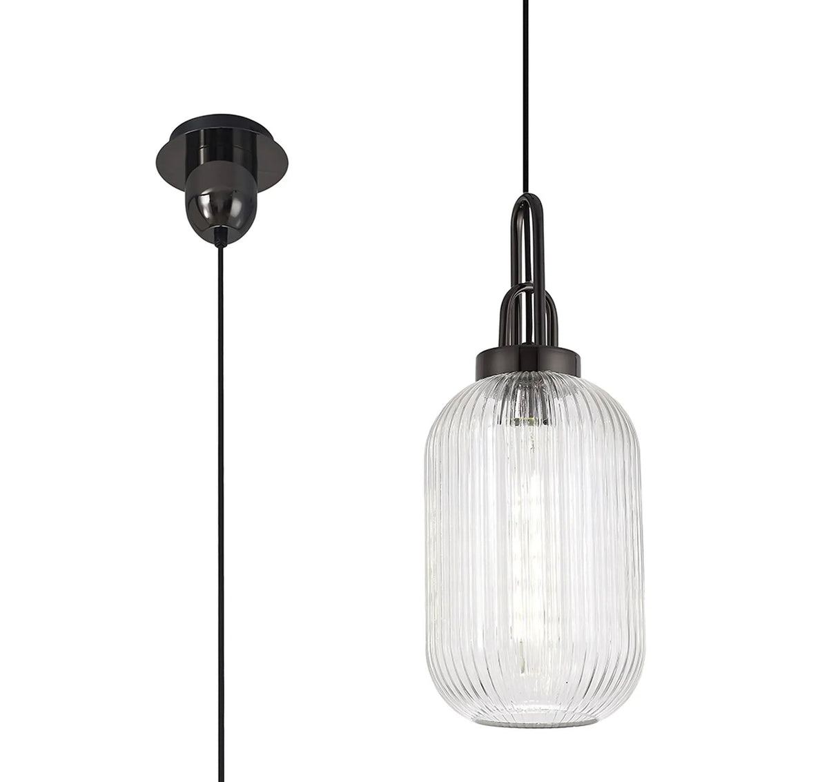 Allardyce 1 Light Pendant E27 With 20cm Tubular Ribbed Glass, Clear Black Chrome/Matt Black