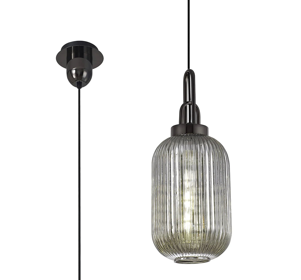 Allardyce 1 Light Pendant E27 With 20cm Tubular Ribbed Glass, Smoked Black Chrome/Matt Black