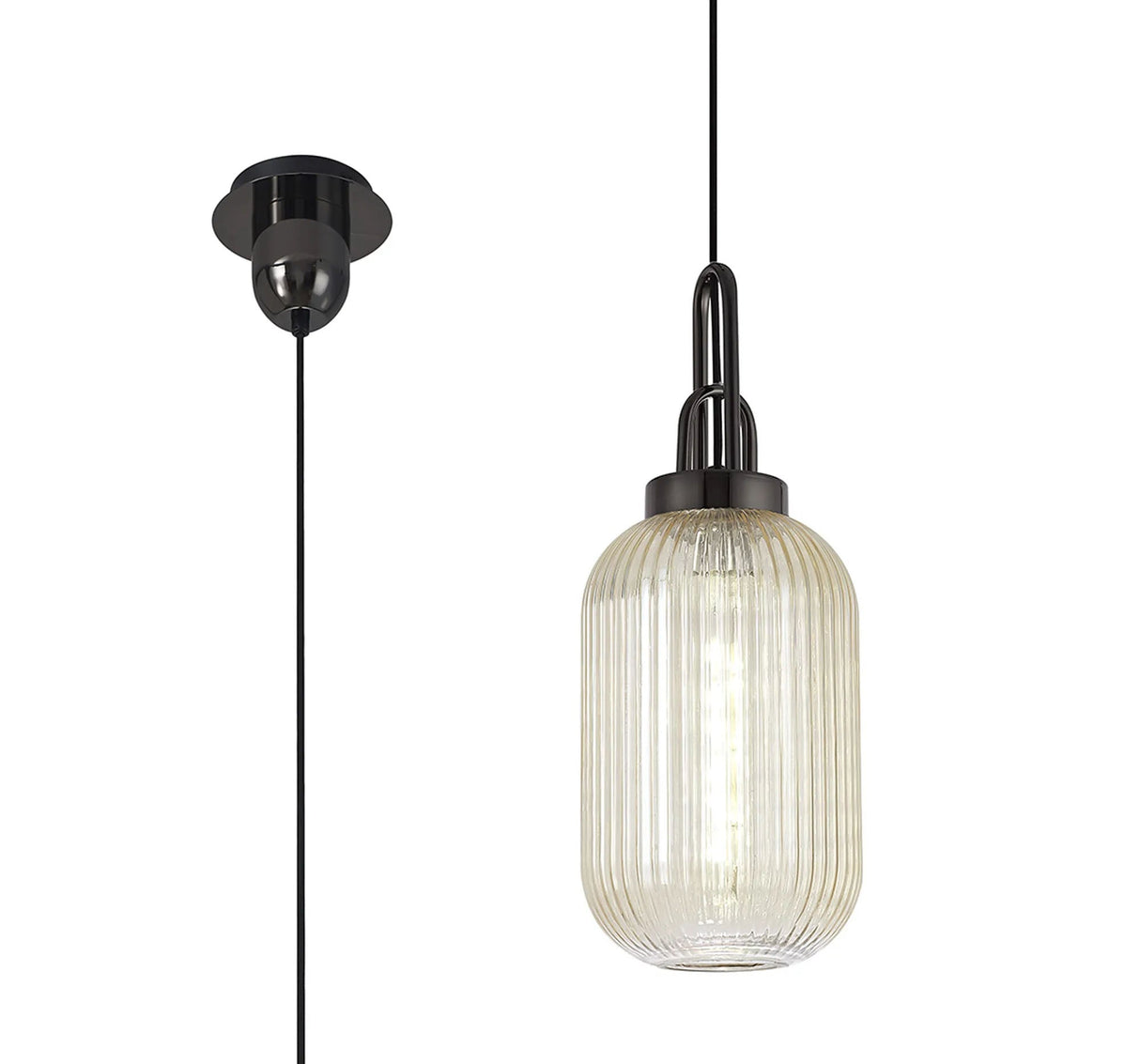 Allardyce 1 Light Pendant E27 With 20cm Tubular Ribbed Glass, Champagne Black Chrome/Matt Black