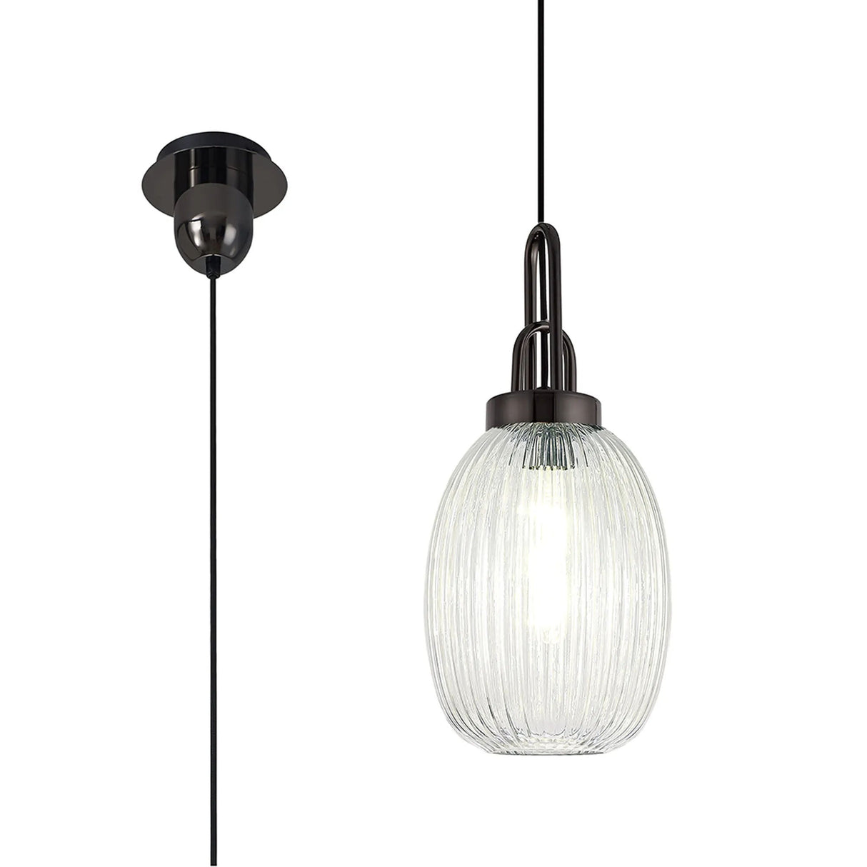 Allardyce 1 Light Pendant E27 With 20cm Almond Ribbed Glass, Clear Black Chrome/Matt Black
