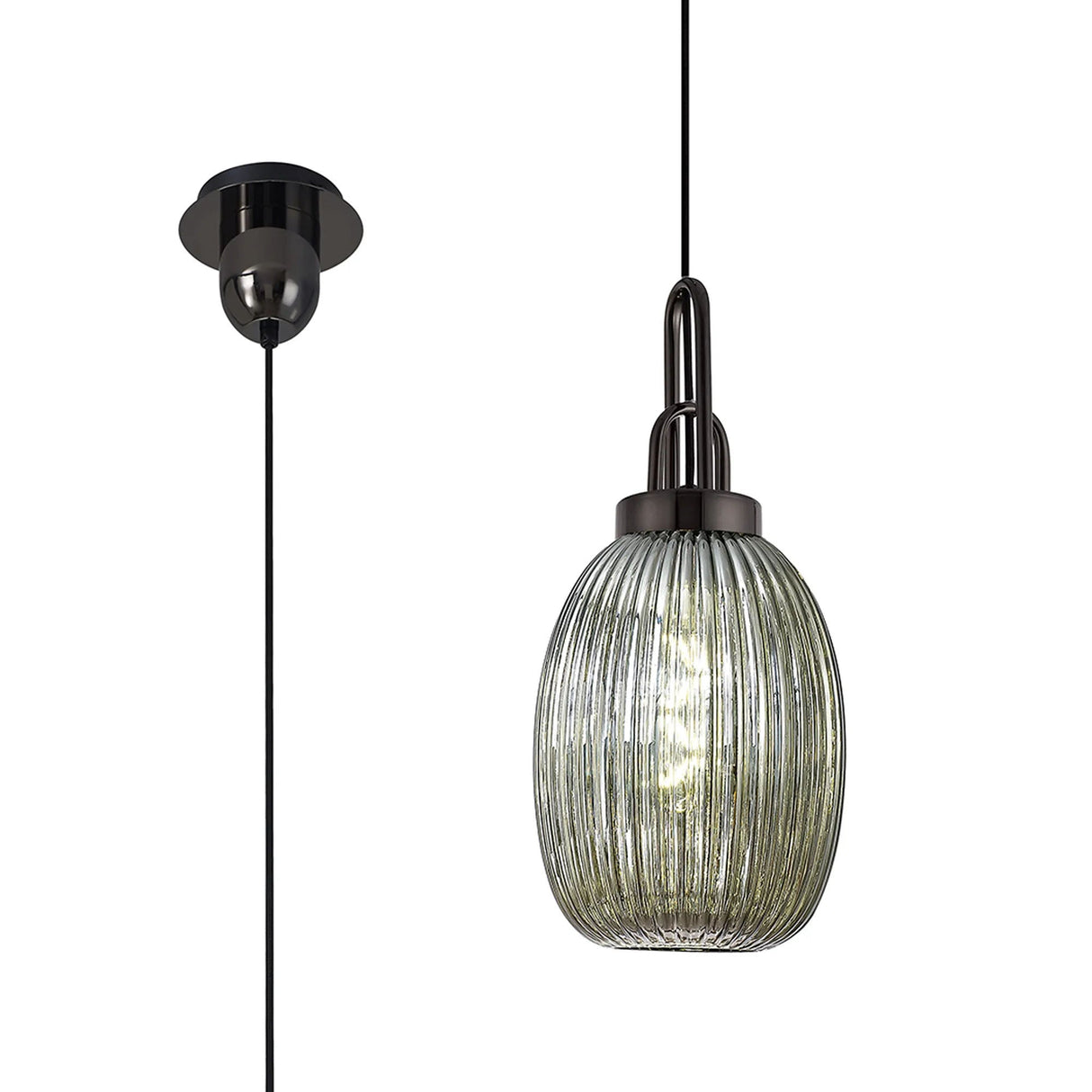 Allardyce 1 Light Pendant E27 With 20cm Almond Ribbed Glass, Smoked Black Chrome/Matt Black