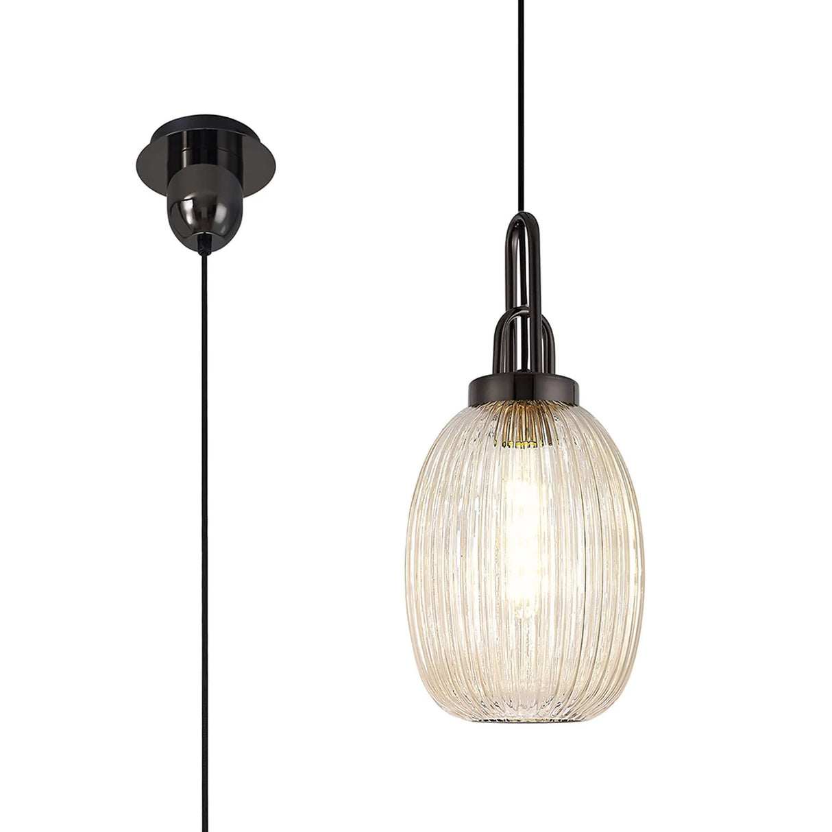 Allardyce 1 Light Pendant E27 With 20cm Almond Ribbed Glass, Champagne Black Chrome/Matt Black
