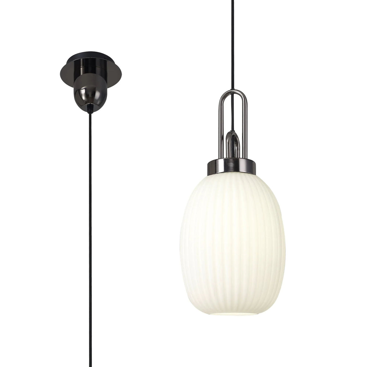Allardyce 1 Light Pendant E27 With 20cm Almond Ribbed Glass, Opal Black Chrome/Matt Black