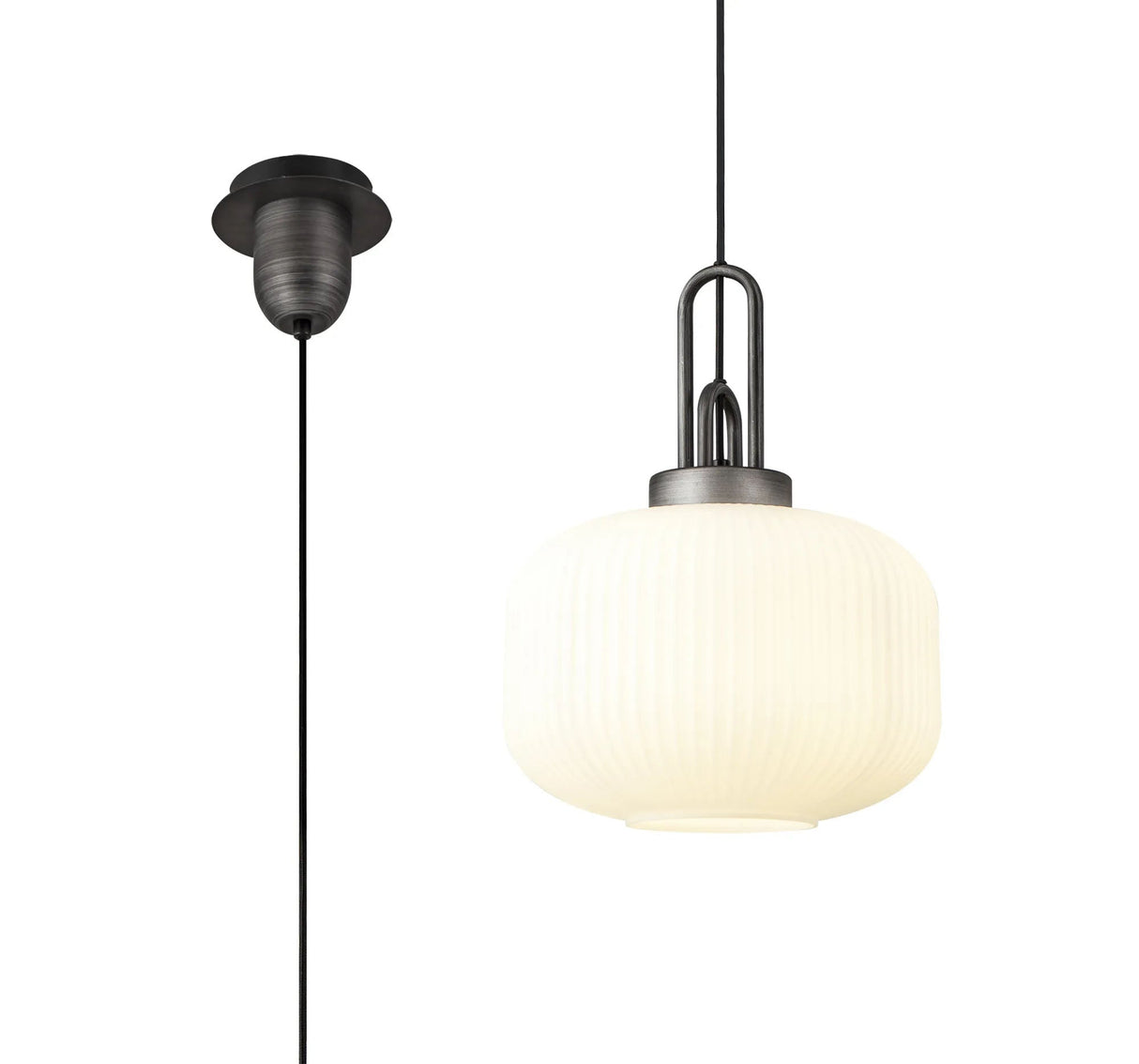 Allardyce 1 Light Pendant E27 With 30cm Pumpkin Shaped Ribbed Glass, Opal Black/Aged Pewter