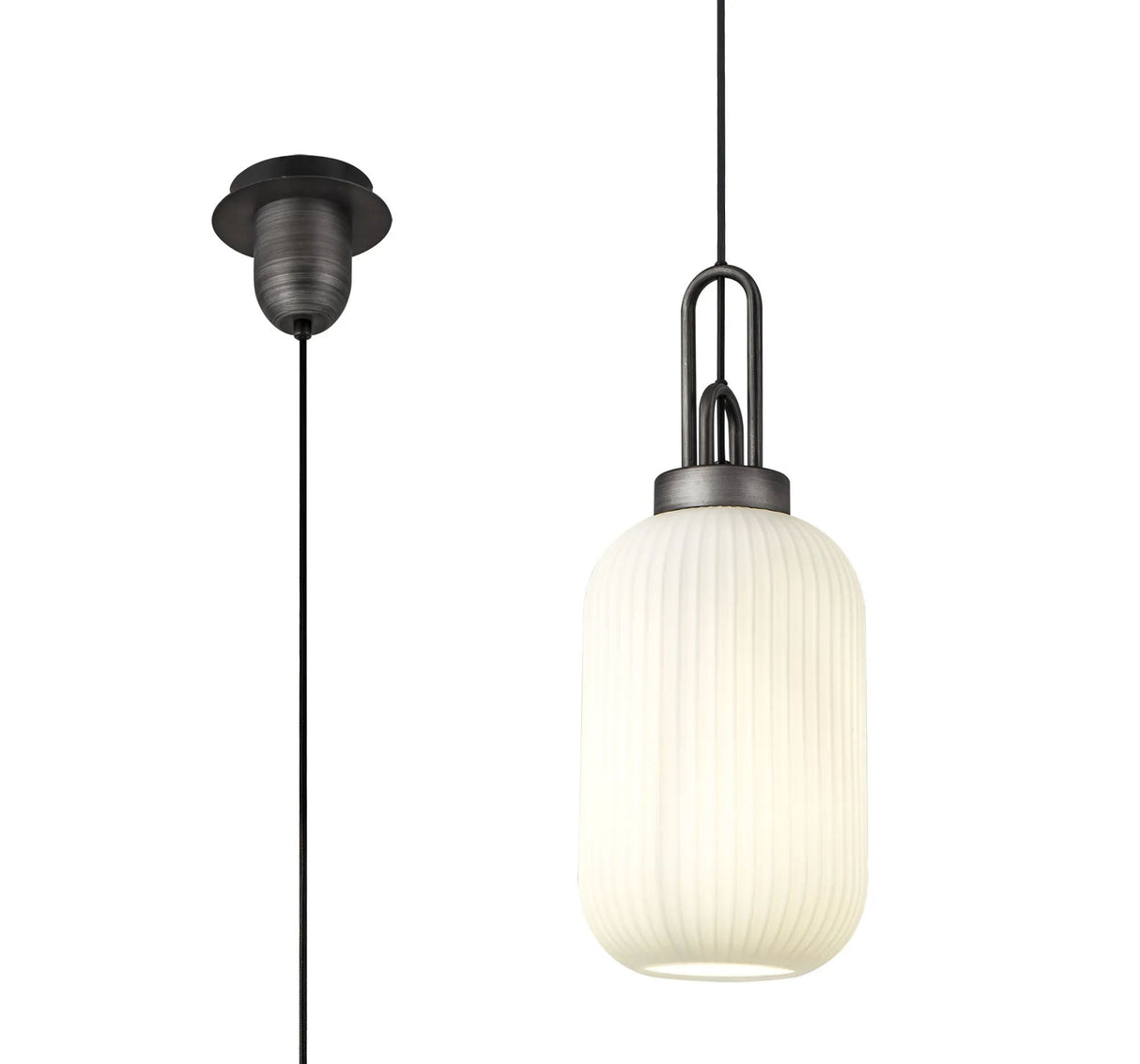 Allardyce 1 Light Pendant E27 20cm Tubular Ribbed Glass, Opal Black/Aged Pewter